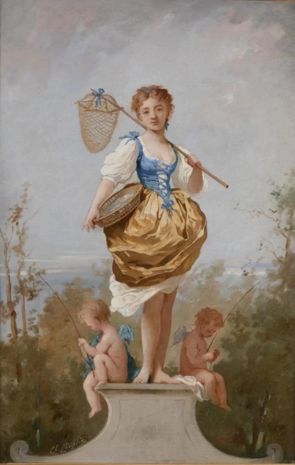 Charles Joshua Chaplin - Giovane ragazza con una rete, in piedi su un piedistallo dove stanno i peccatori Amorini
